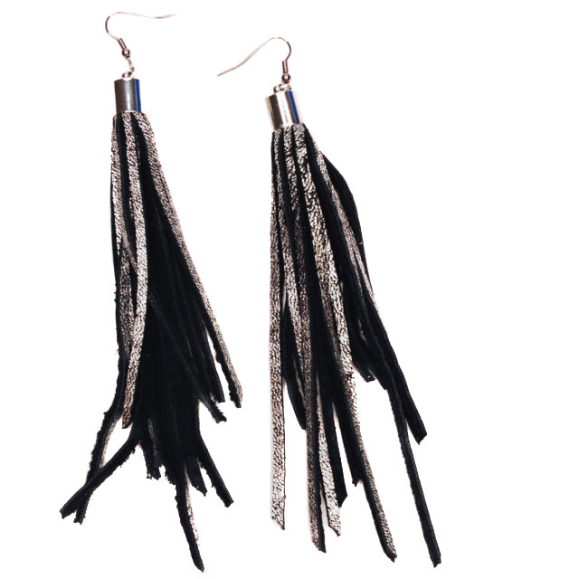 Chrome & Black Tassel Earrings Leather Couture by Jessica Galindo