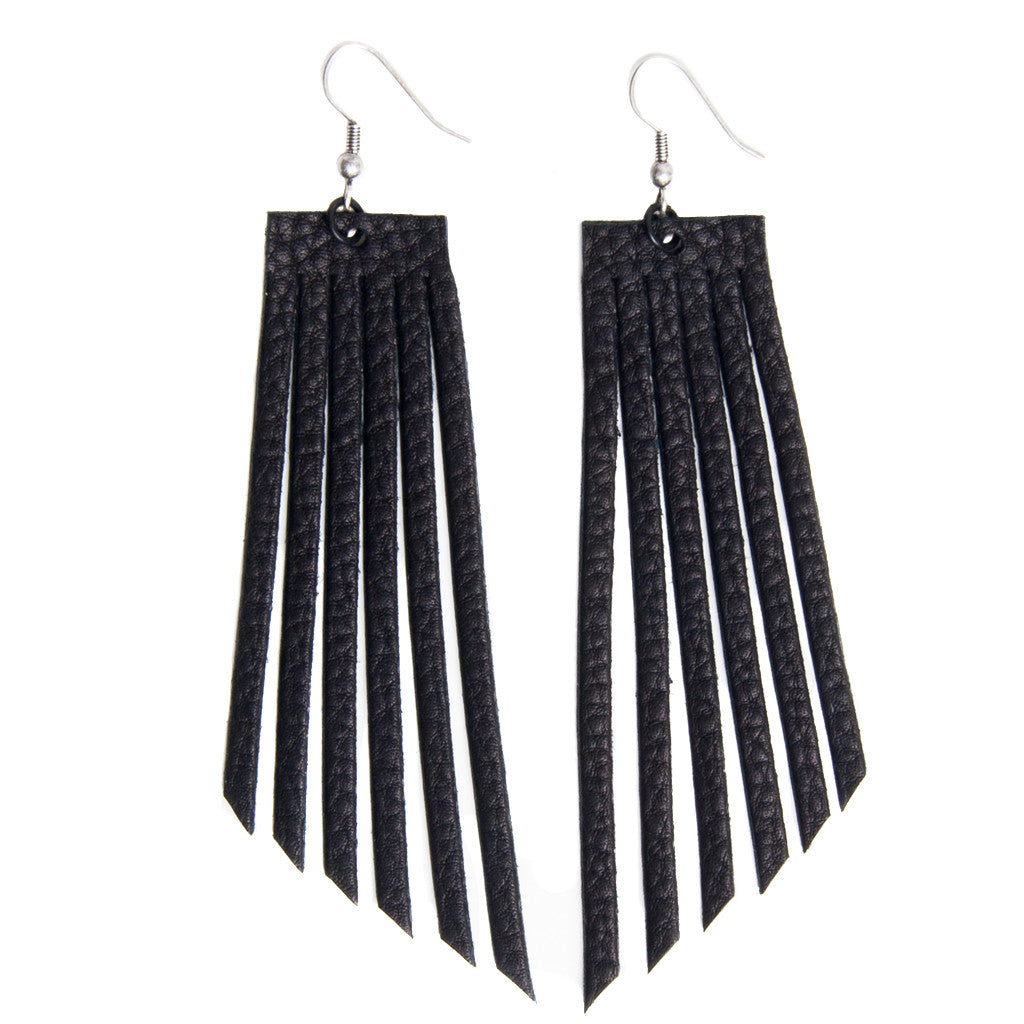Black Leather Fringe Earrings