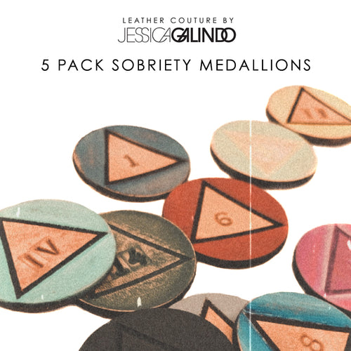 5 PACK- Painted Leather Sobriety Medallions