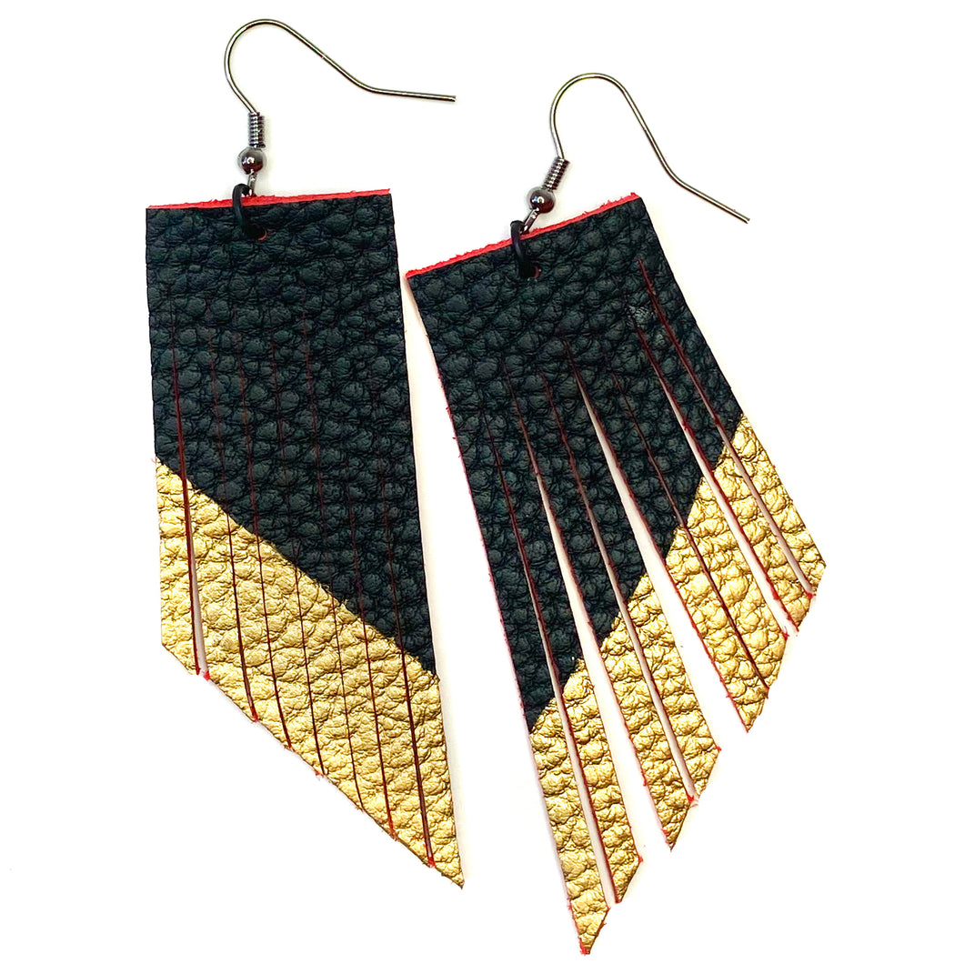 Black and Red Fringe Earrings - Gold Paint