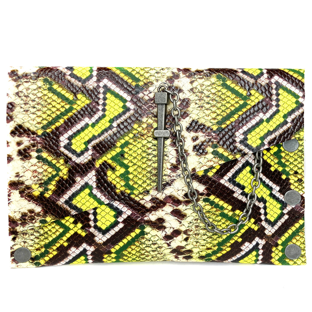 Chartreuse Snake Print Dagger Clutch- 1 left