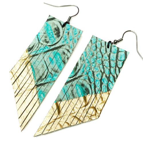 Turquoise Croc Fringe Earrings - Gold Paint