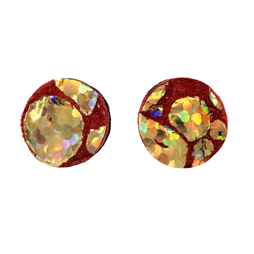 Red Iridescent Leather Stud Earrings