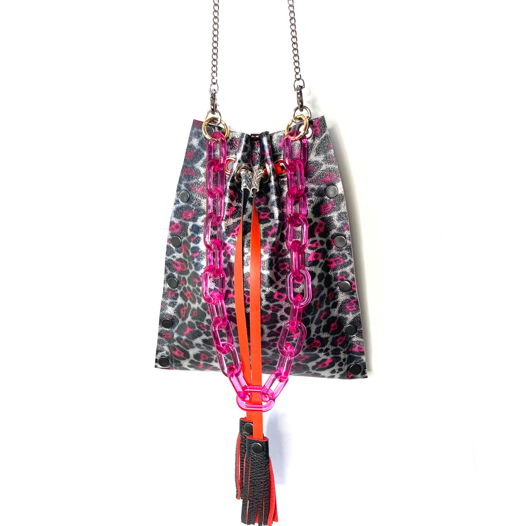 Metallic Pink Leopard Drawstring Crossbody Bag