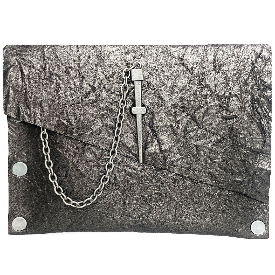 Pewter Crinkle Leather Dagger Clutch