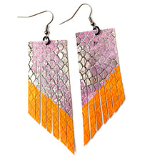 Pink Snake Print Fringe Earrings - Orange Paint
