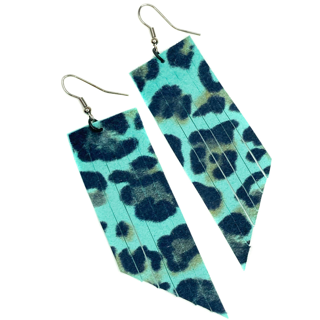 Turquoise Leopard Print Fringe Earrings