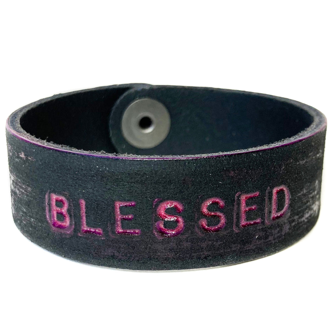 BLESSED Stamped Bracelet - Distressed Magenta/Black